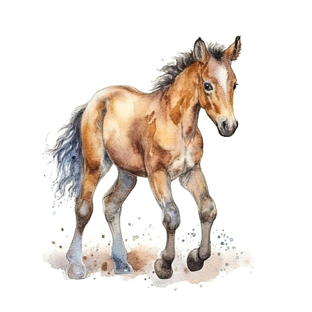 Baby Horse Aquarell mit Tintenumriss auf weißem Hintergrund hochdetaillierte generative KI