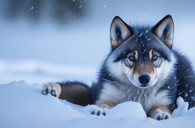 Baby-Husky im Schnee Sibirischer Husky-Hund im Schnee Baby-Husky sitzt im Schnee