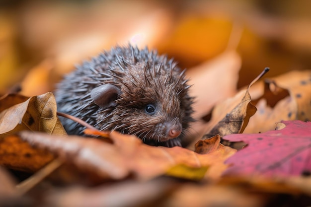 Baby-Igel gräbt sich mit seinen winzigen Krallen, die mit generativer KI geschaffen wurden, in einen Haufen abgefallener Blätter