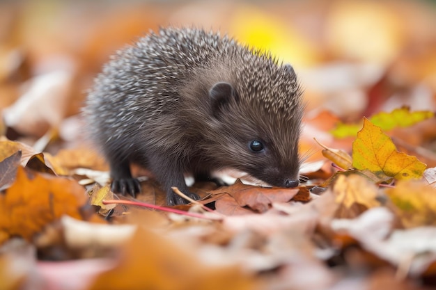 Baby-Igel macht seine ersten Schritte in einem Haufen Herbstblätter, der mit generativer KI erstellt wurde