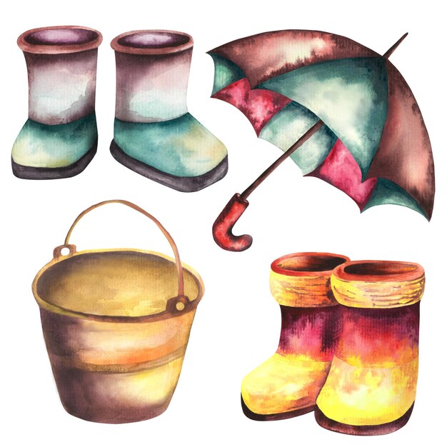 Baby-Illustration Aquarell-Baby-Set mit Entenstiefeln Regenschirm und Schiffen