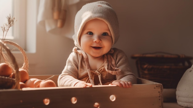 Baby in einem Holzbettchen lächelt in die Kamera