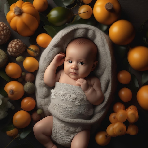 Baby in einem Korb mit Äpfeln und Orangen Top-View Baby in einem Körbchen mit Äppeln und Orangen t