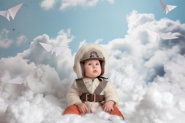 Baby in einem Piloten-Outfit mit Wolken und Papierflugzeugen als Hintergrund