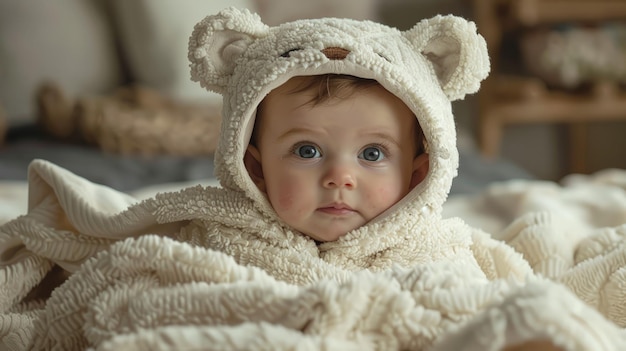 Baby in Teddybärde Decke auf dem Bett gewickelt