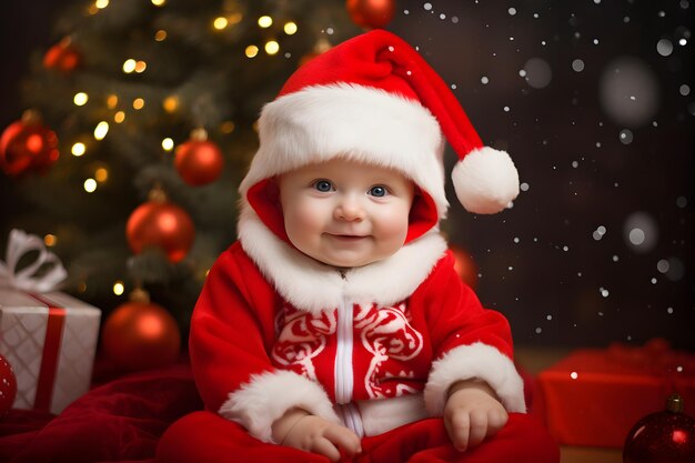 Baby in Weihnachtsanzug sitzt in der Nähe eines Weihnachtsmannes