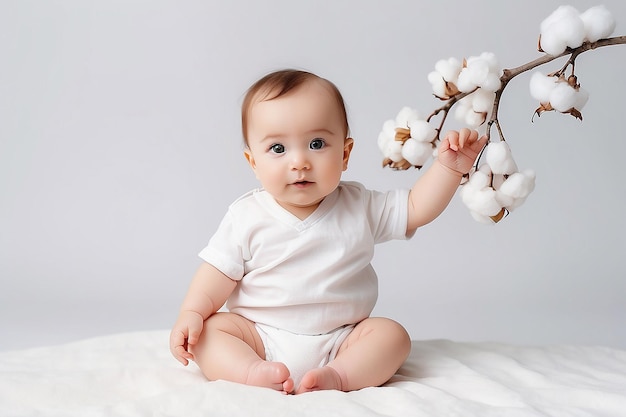 Foto baby in windeln auf weißem hintergrund mit einem baumwollzweig