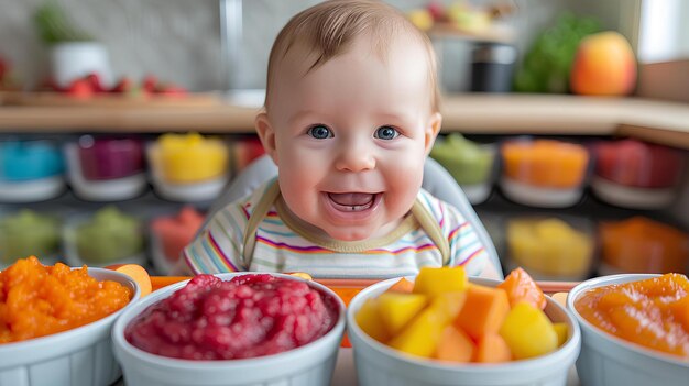Baby isst farbenfrohe Früchte vor Schüsseln