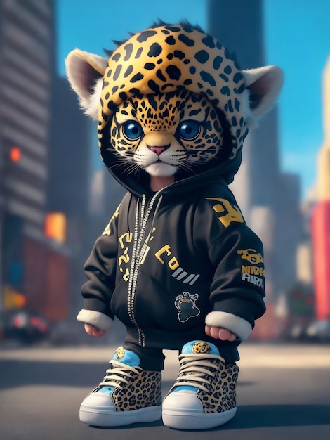 Baby-Jaguar trägt Hip-Hop-Kleidung, Stadthintergrund, generative KI-Illustration