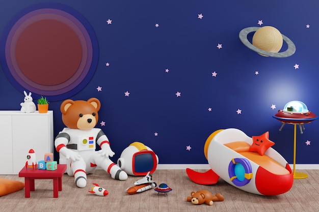 Baby Kinderzimmer Wanddekoration Rakete Planet Weltraumabenteuer Puppe und Spielzeug Kinderzimmer 3D-Rendering