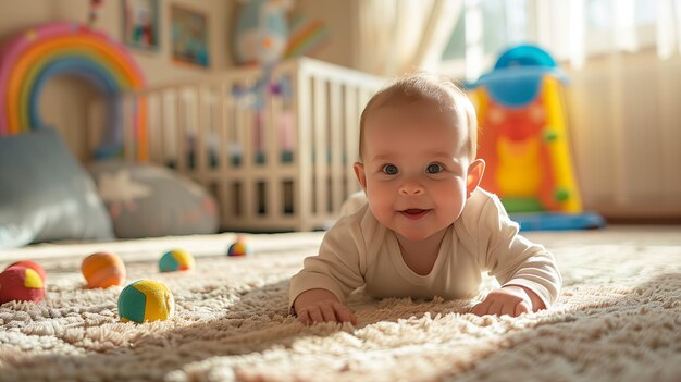 Baby kriecht auf dem Boden im Wohnzimmer