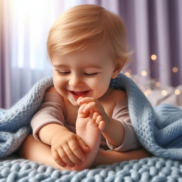 Baby lächelt auf einer Decke mit einer blauen Decke