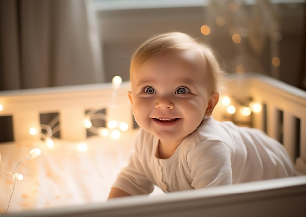 Foto baby lächelt in einer wiege