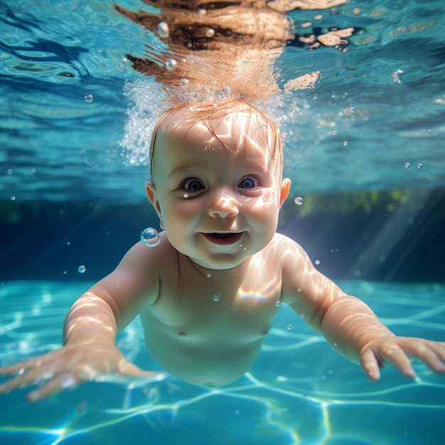 Baby lernt unter Wasser schwimmen