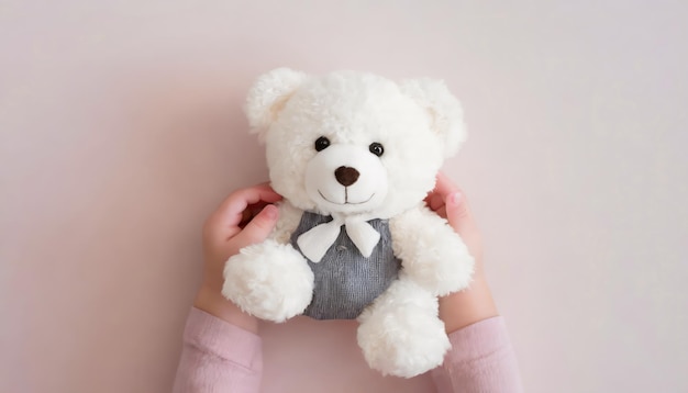 Baby-Mädchen-Hände halten lächelnde weiße Teddybären auf hellrosa Hintergrund