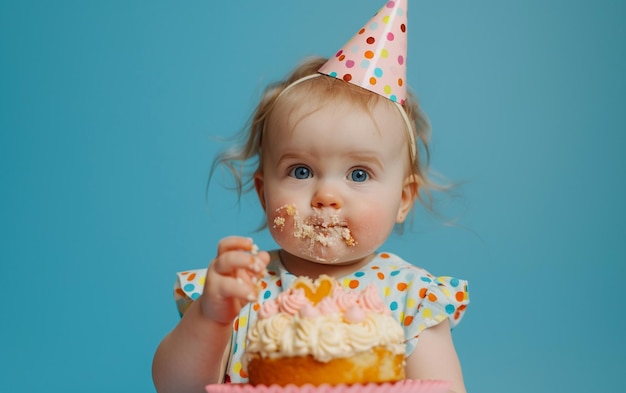 Baby-Mädchen mit Geburtstagskuchen, das Dessert auf einem farbenfrohen Hintergrund mit Copyspace für Text zeigt