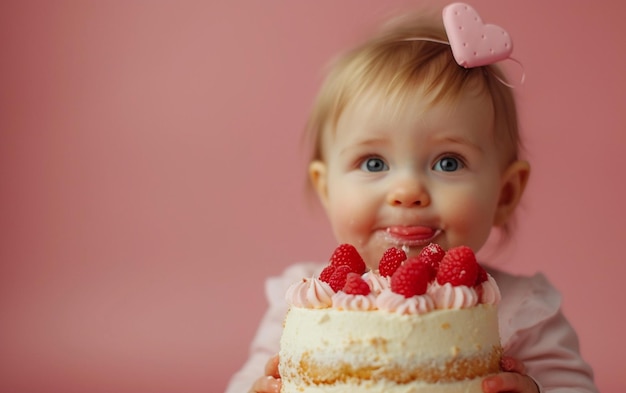 Baby-Mädchen mit Geburtstagskuchen, das Dessert auf einem farbenfrohen Hintergrund mit Copyspace für Text zeigt