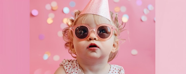 Baby-Mädchen mit Party-Hut und Sonnenbrille auf rosa Hintergrund mit Konfetti