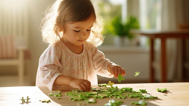 Baby-Mädchen spielt mit Holz-Puzzle-Spielzeug in sonniger Umgebung