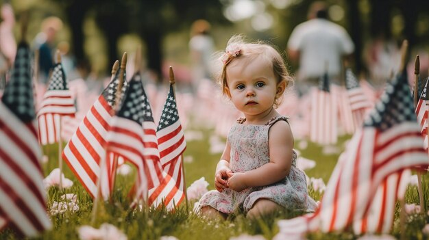 Baby-Mädchen während des Memorial-Tages mit amerikanischen Fahnen