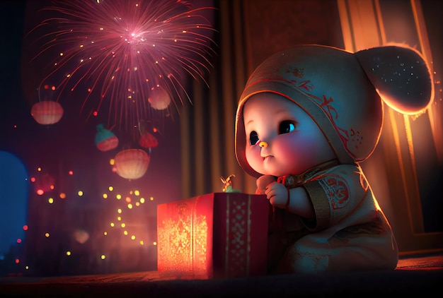 Baby mit Hasenmütze und chinesischer Kleidung Eröffnungsgeschenk mit Popup-Feuerwerk Neujahrs- und Weihnachtsfestkonzept Generative KI