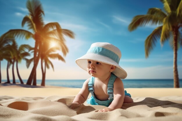 Baby mit Sonnenhut am tropischen Strand