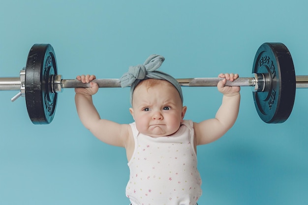 Foto baby mit überraschtem gesichtsausdruck hält eine barbell, die mit ki generiert wurde