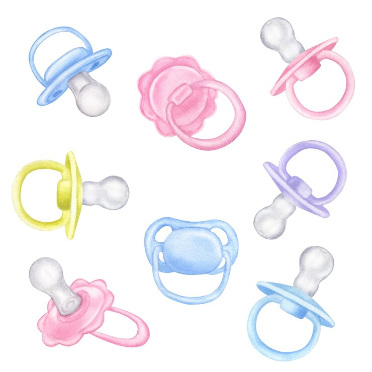 Foto baby pacifier dummy set boy girl rosa azul violeta verde ilustração de aquarela desenhada à mão isolada em fundo branco coleção para festa de revelação de gênero de bebê recém-nascido