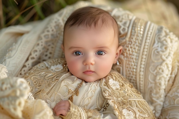 Baby-Puppe mit blauen Augen sitzt