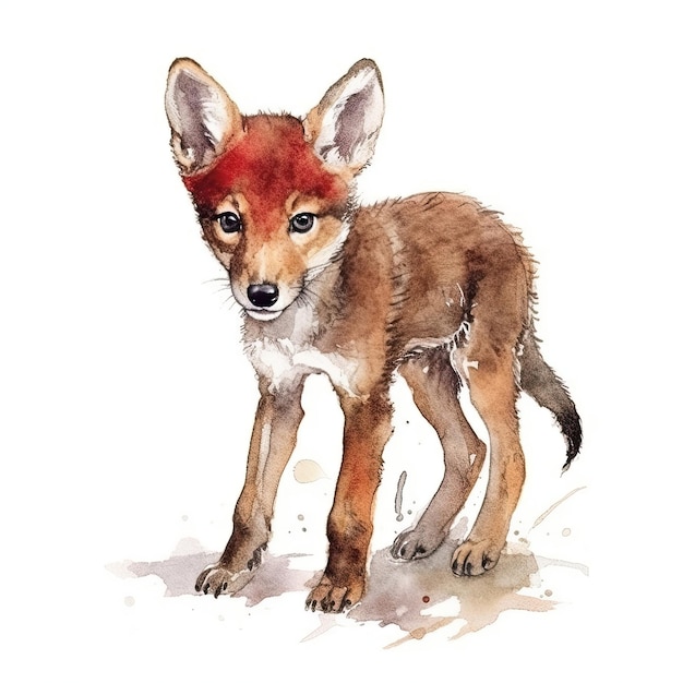 Baby Red Wolf Aquarell mit Tintenumriss auf weißem Hintergrund, hochdetaillierte generative KI