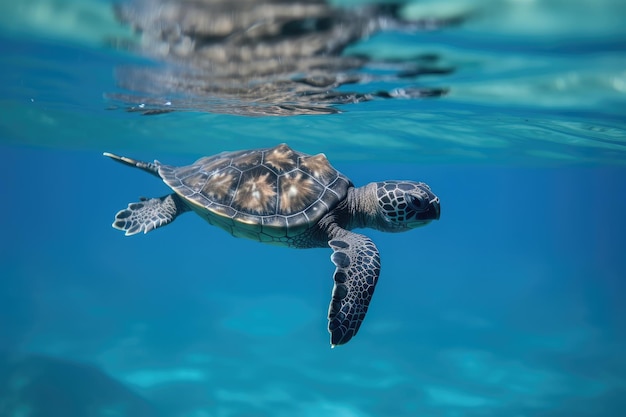 Baby-Schildkröte schwimmt im klaren, blauen Ozean mit rollenden Wellen, erstellt mit generativer KI