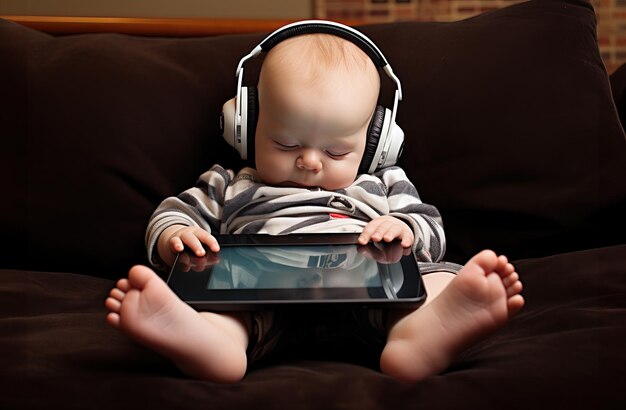 Foto baby schläft auf der couch und hält ein elektronisches gerät in der hand