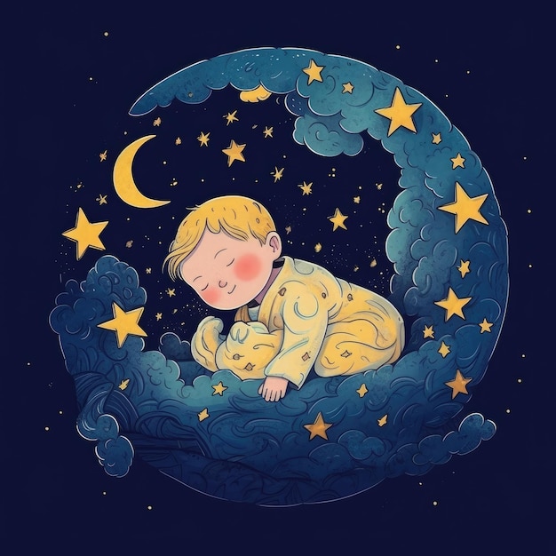 Baby schläft unter blauem Himmel heller Mond und Sterne Cartoon mit generativer ai