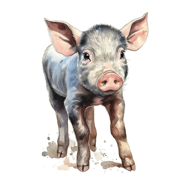 Baby-Schwein-Aquarell mit Tintenumriss auf weißem Hintergrund, hochdetaillierte generative KI