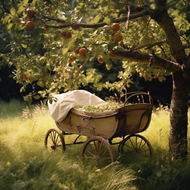 Baby schwingt sich unter einem Apfelbaum schönes Bild Ai erzeugte Kunst