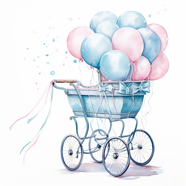 Baby-Shower-Banner mit Zeichentrickfilmen, Heißluftballons, Heliumballons und Wolken auf blauem Hintergrund