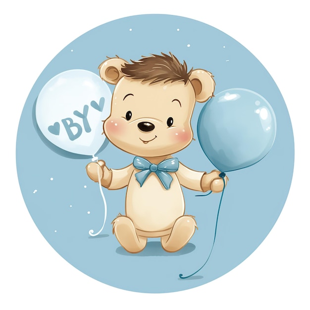 Baby-Shower-Banner mit Zeichentrickfilmen, Heißluftballons, Heliumballons und Wolken auf blauem Hintergrund