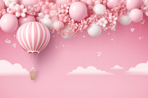 Baby-Shower-Horizontalbanner mit Zeichentrickfilmen, Heißluftballons, Heliumballons, Wolken und Blumen auf p