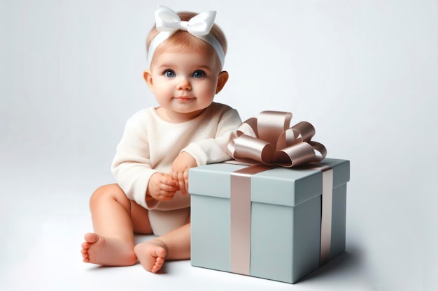 Baby sitzt mit einer großen Geschenkkiste mit einem Bogen, der auf einem weißen Hintergrund isoliert ist