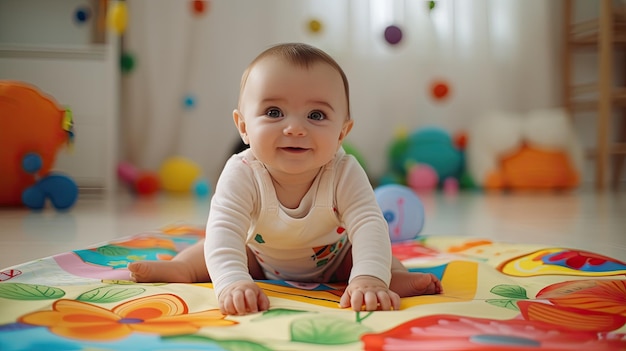 Baby spielt mit Spielzeug auf dem Boden. Ein süßer und freudiger Moment. Babyartikel