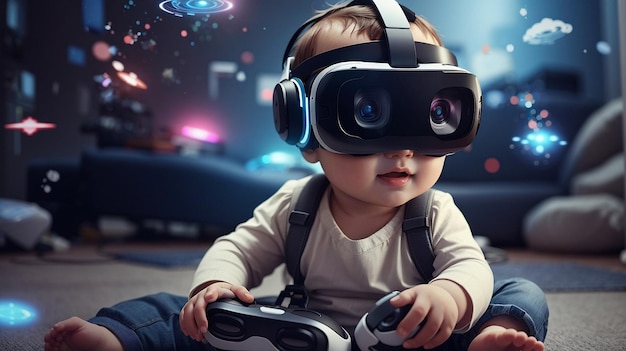 Baby spielt mit VR-Headsets Metaverse und Zukunftstechnologie