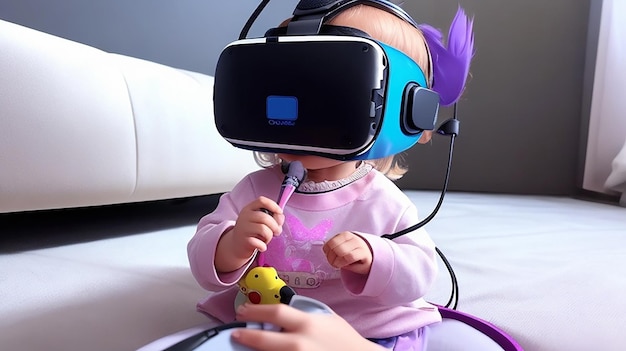 Baby spielt mit VR-Headsets Metaverse und Zukunftstechnologie