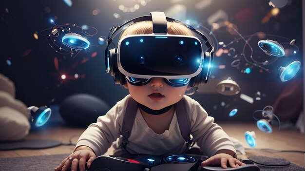 Baby spielt mit VR-Headsets Metaverse und Zukunftstechnologie