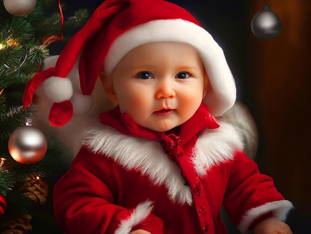 Baby steht als Weihnachtsmädchen-Foto gekleidet