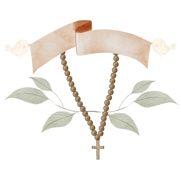 Baby-Taufe Aquarell handgezeichnetes religiöses Thema katholischer Elemente Kreuz auf einer Kette ein Teller für
