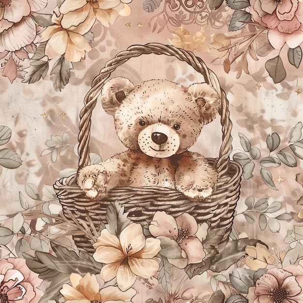 Baby Teddybär im Korb Blumenmuster Marmor