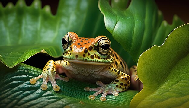 Baby tigerlegged Baumfrosch oder Hypochondrialis hypochondrialis in einer Nahaufnahme auf einigen grünen Blättern