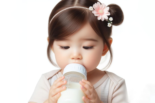 Foto baby trinkt milchwasser aus einer flasche, die auf einem weißen hintergrund isoliert ist