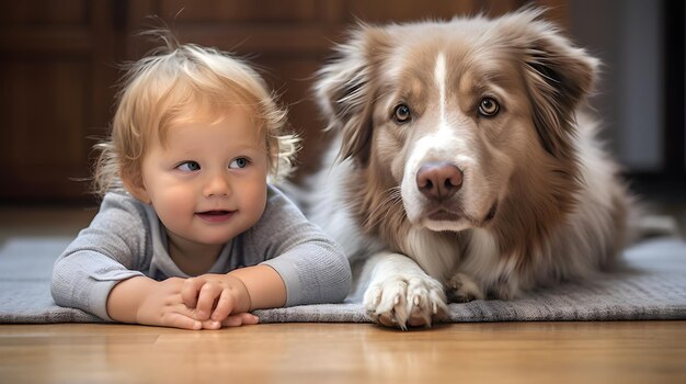 Foto baby und hund liegen zusammen auf dem boden