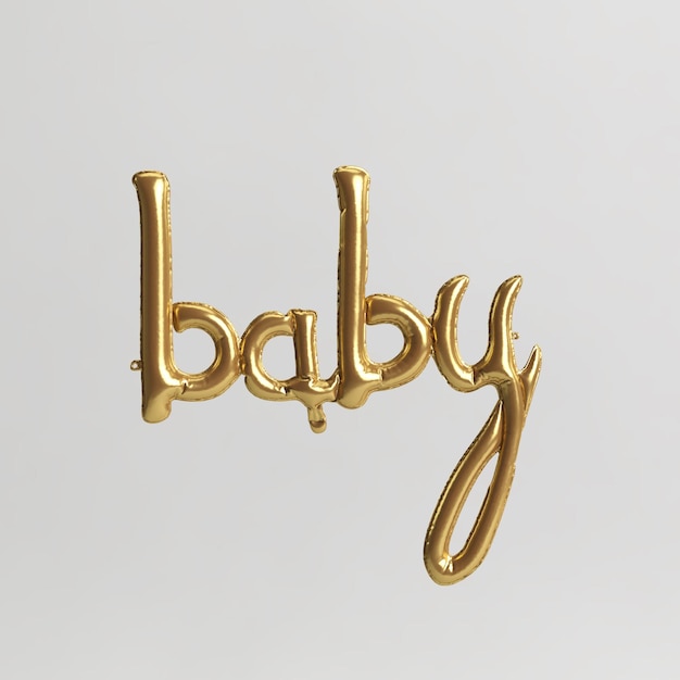 Baby wortförmige 3D-Darstellung von goldenen Ballons Typ 1 isoliert auf weißem Hintergrund